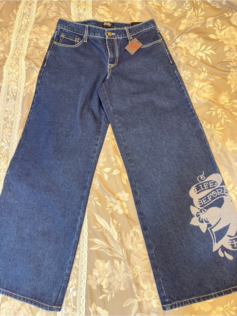 Ed Hardy Dark Blue Wide-Leg Jeans with White Graphic